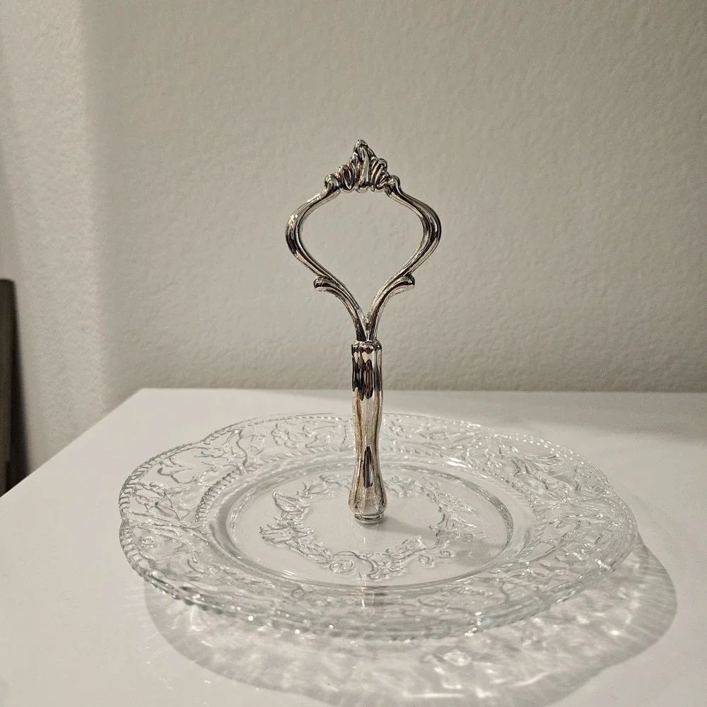 Vintage Crystal Center Piece With Silver Plated Handle Kingston Decor Plate Dish